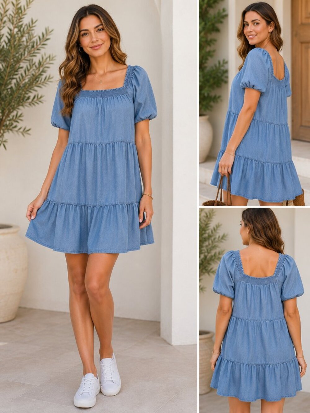 A.N.A. Denim Blue Babydoll Dress Womens Size M Tiered Ruffle Hem Smocked Square